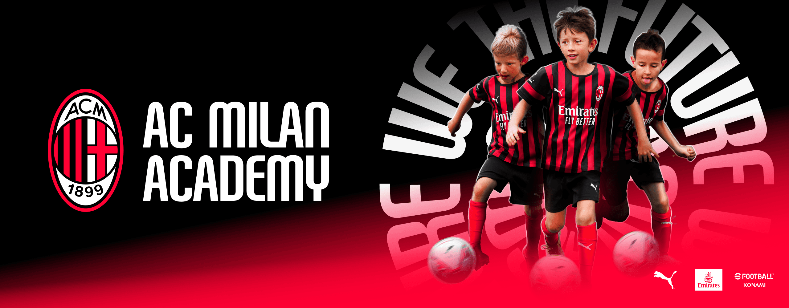 Milan Academy logo with children in AC Milan jerseys running with a ball next to them