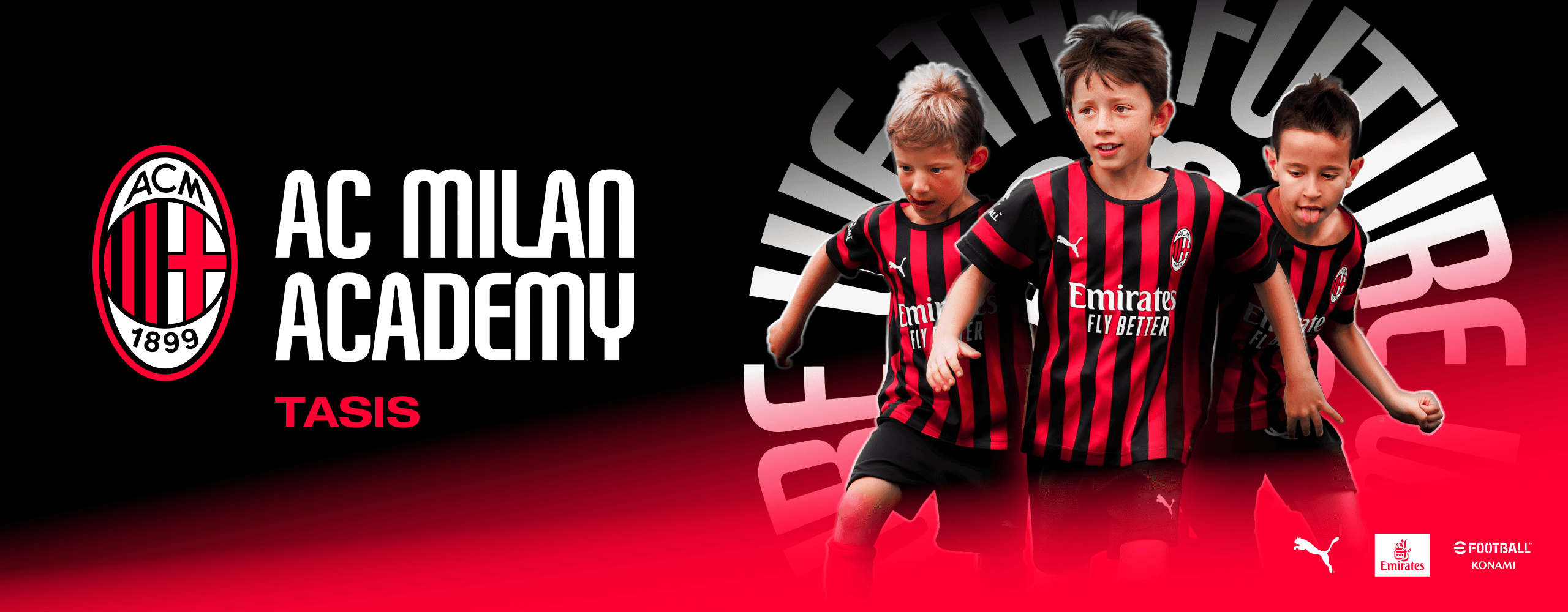 Milan Academy Tasis logo with children next to it cheering after a goal